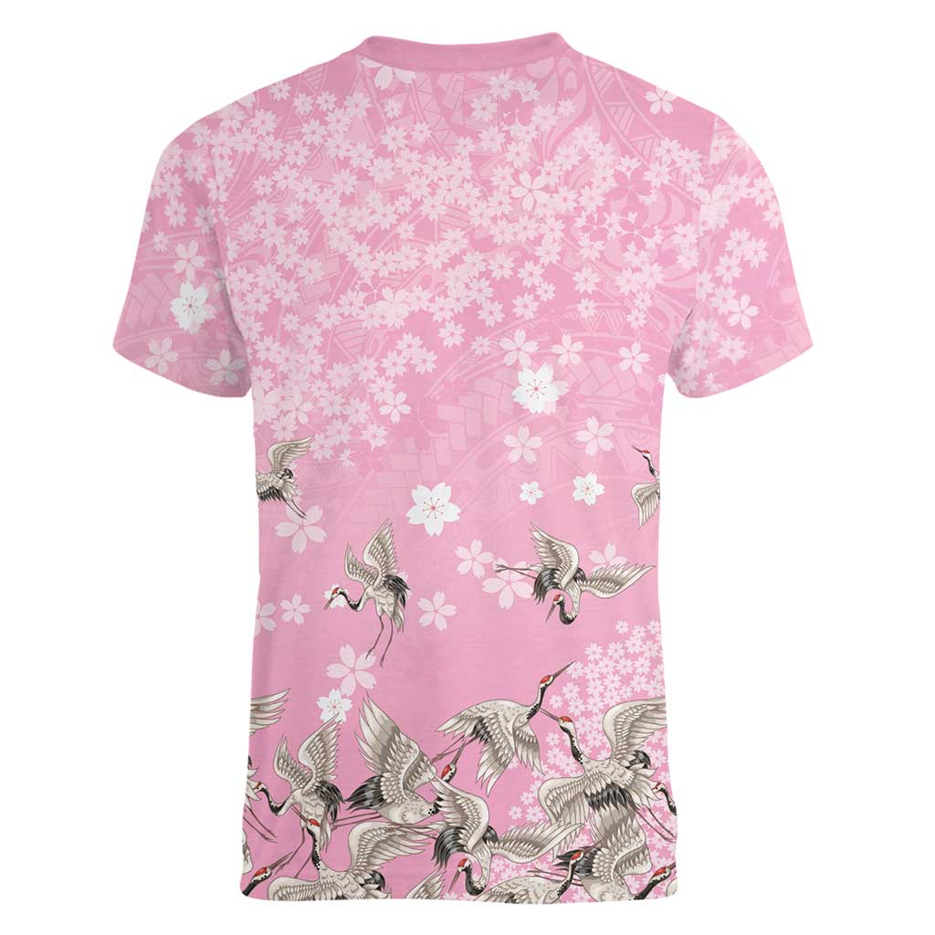 Cranes Sakura Floral Pink Pastel Women V-Neck T-Shirt Hawaii Japan Culture LT01 - Polynesian Pride