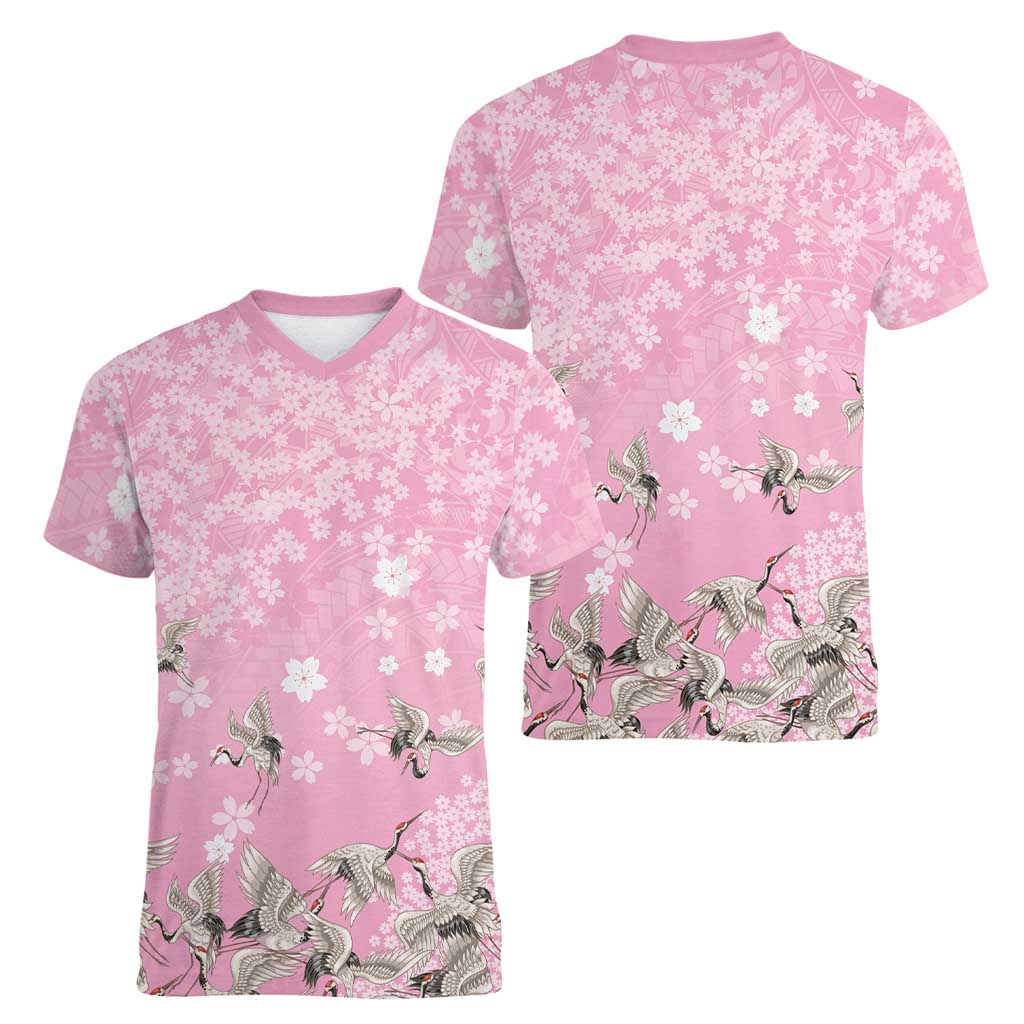 Cranes Sakura Floral Pink Pastel Women V-Neck T-Shirt Hawaii Japan Culture LT01 - Polynesian Pride