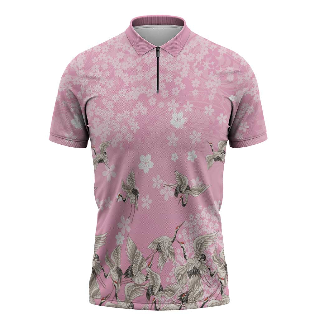 Cranes Sakura Floral Pink Pastel Zipper Polo Shirt Hawaii Japan Culture - Polynesian Pride