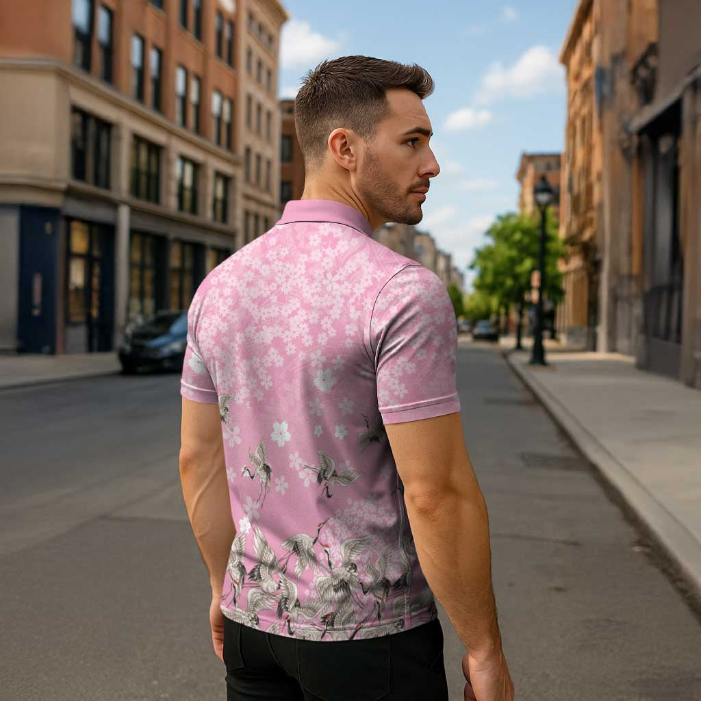 Cranes Sakura Floral Pink Pastel Zipper Polo Shirt Hawaii Japan Culture - Polynesian Pride