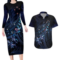 Personalised Matariki Paua Shell New Zealand Couples Matching Long Sleeve Bodycon Dress and Hawaiian Shirt Haka Dance At The Starry Night LT01 Black - Polynesian Pride