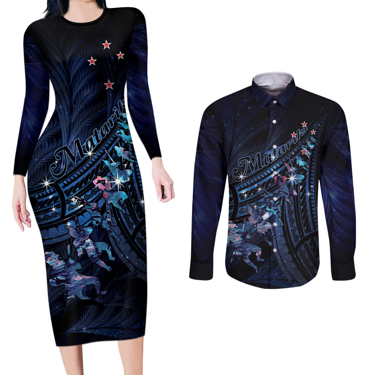 Personalised Matariki Paua Shell New Zealand Couples Matching Long Sleeve Bodycon Dress and Long Sleeve Button Shirt Haka Dance At The Starry Night LT01 Black - Polynesian Pride