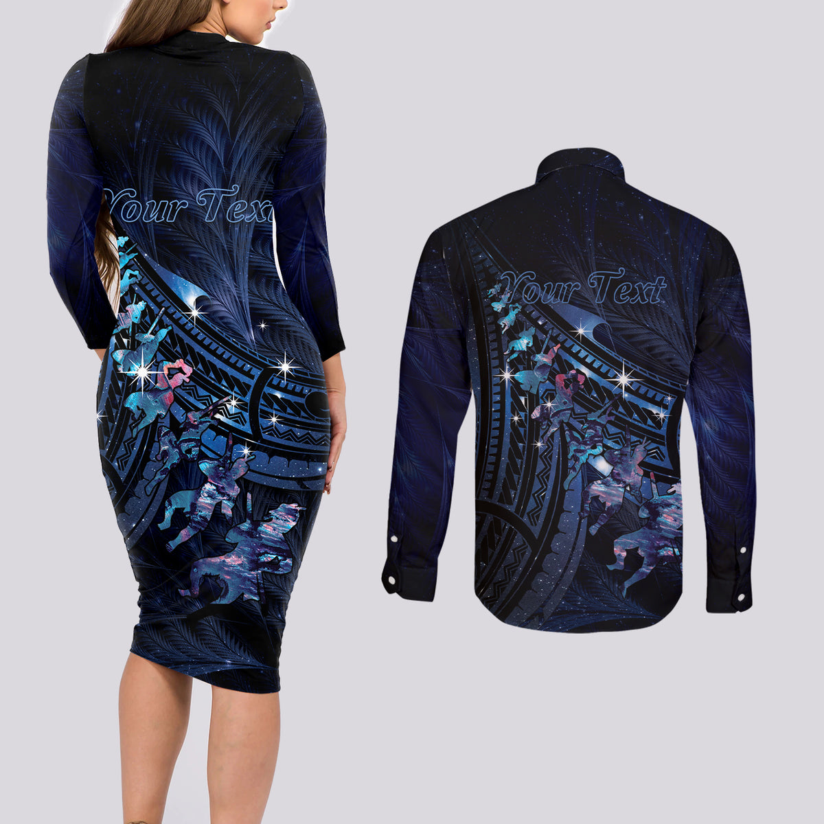 Personalised Matariki Paua Shell New Zealand Couples Matching Long Sleeve Bodycon Dress and Long Sleeve Button Shirt Haka Dance At The Starry Night LT01 - Polynesian Pride