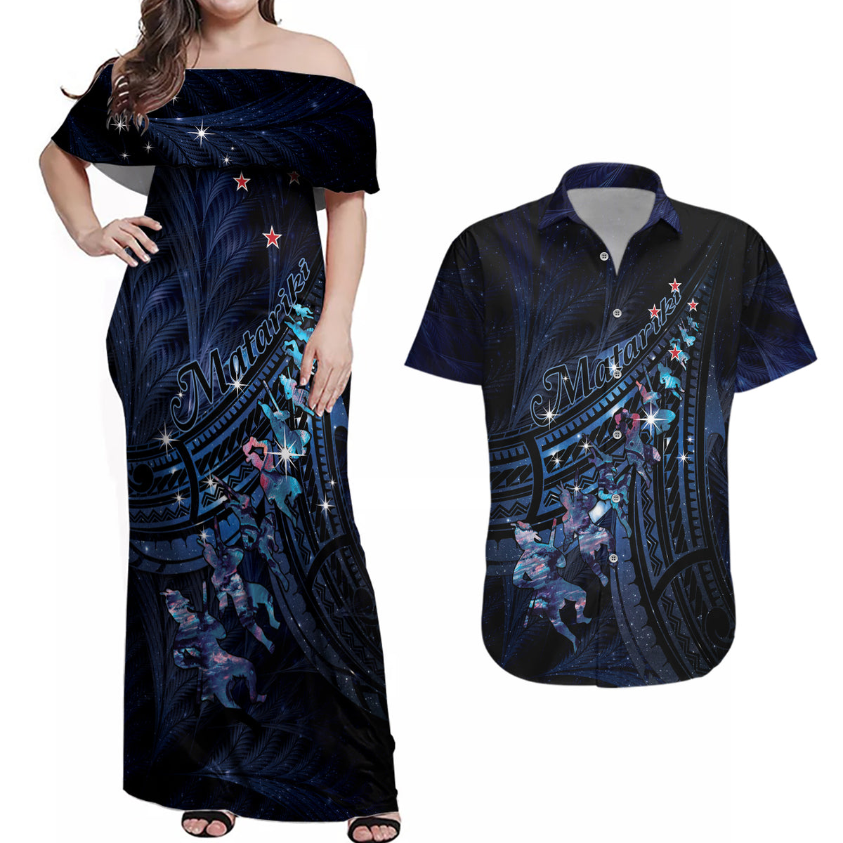 Personalised Matariki Paua Shell New Zealand Couples Matching Off Shoulder Maxi Dress and Hawaiian Shirt Haka Dance At The Starry Night LT01 Black - Polynesian Pride