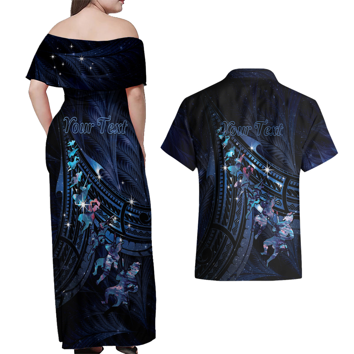 Personalised Matariki Paua Shell New Zealand Couples Matching Off Shoulder Maxi Dress and Hawaiian Shirt Haka Dance At The Starry Night LT01 - Polynesian Pride
