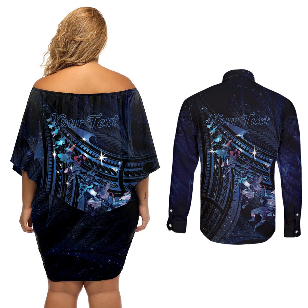 Personalised Matariki Paua Shell New Zealand Couples Matching Off Shoulder Short Dress and Long Sleeve Button Shirt Haka Dance At The Starry Night LT01 - Polynesian Pride