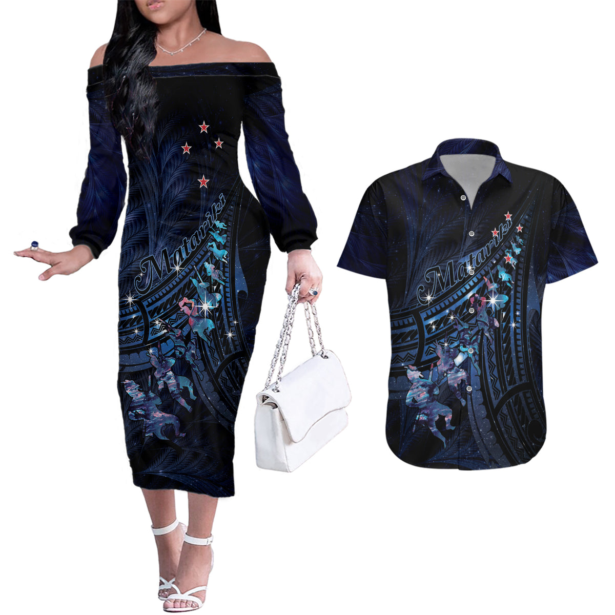 Personalised Matariki Paua Shell New Zealand Couples Matching Off The Shoulder Long Sleeve Dress and Hawaiian Shirt Haka Dance At The Starry Night LT01 Black - Polynesian Pride