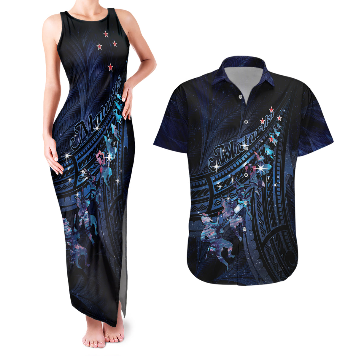 Personalised Matariki Paua Shell New Zealand Couples Matching Tank Maxi Dress and Hawaiian Shirt Haka Dance At The Starry Night LT01 Black - Polynesian Pride