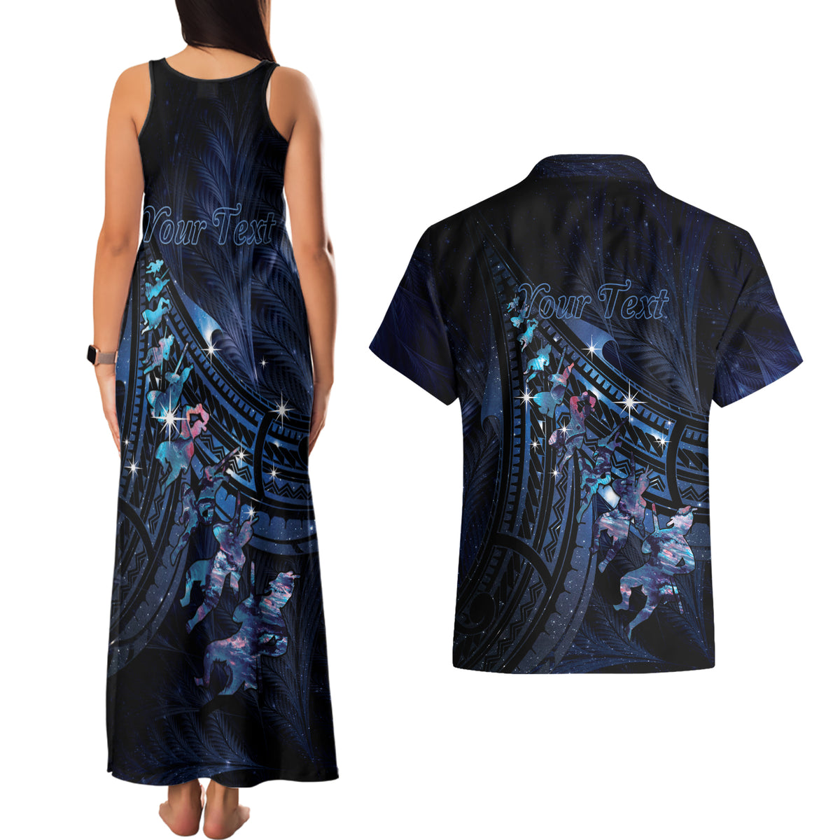 Personalised Matariki Paua Shell New Zealand Couples Matching Tank Maxi Dress and Hawaiian Shirt Haka Dance At The Starry Night LT01 - Polynesian Pride