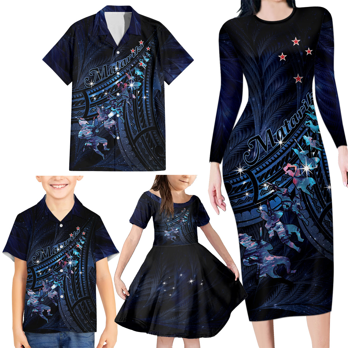 Personalised Matariki Paua Shell New Zealand Family Matching Long Sleeve Bodycon Dress and Hawaiian Shirt Haka Dance At The Starry Night LT01 - Polynesian Pride