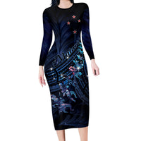 Personalised Matariki Paua Shell New Zealand Family Matching Long Sleeve Bodycon Dress and Hawaiian Shirt Haka Dance At The Starry Night LT01 Mom's Dress Black - Polynesian Pride