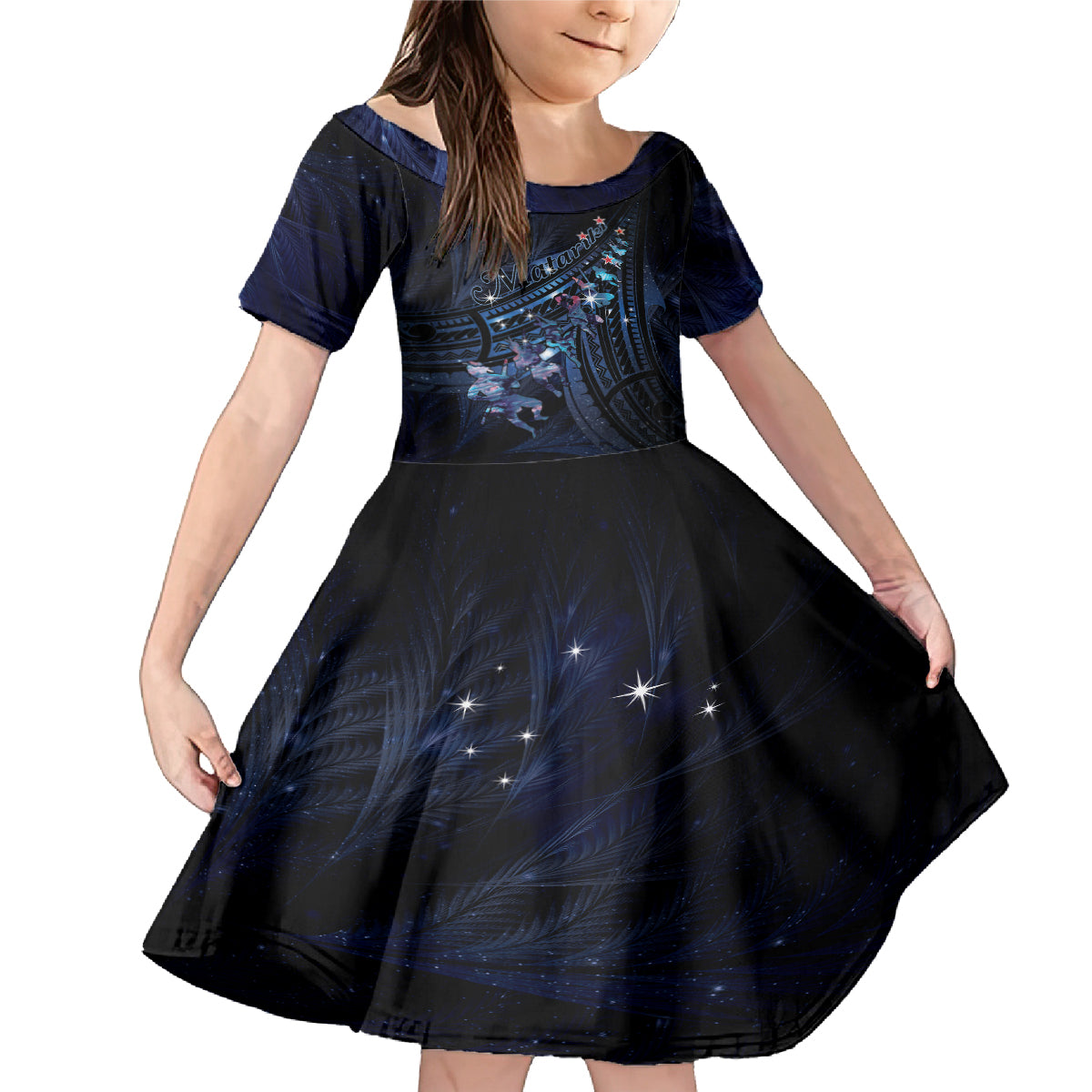 Personalised Matariki Paua Shell New Zealand Family Matching Mermaid Dress and Hawaiian Shirt Haka Dance At The Starry Night LT01 Daughter's Dress Black - Polynesian Pride