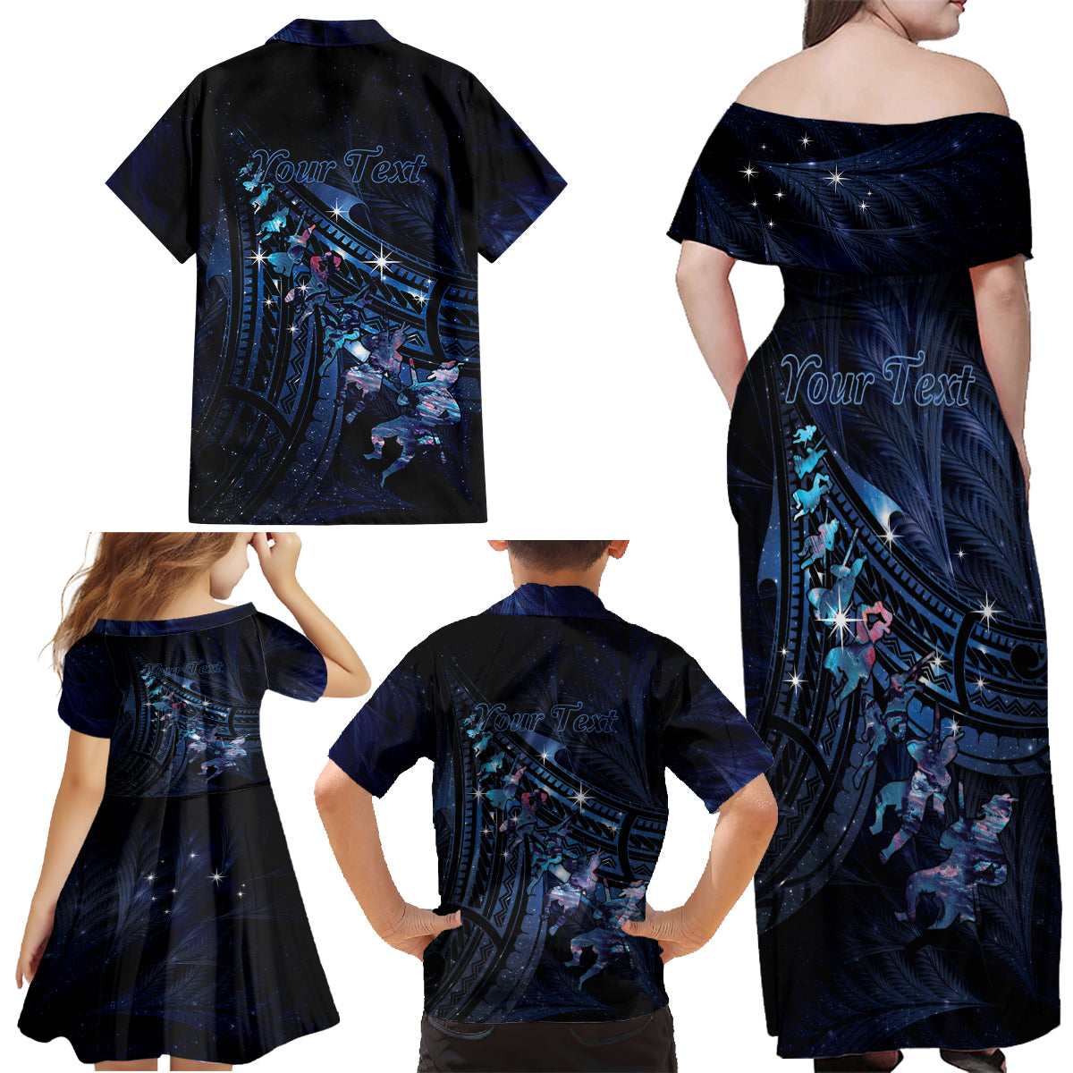 Personalised Matariki Paua Shell New Zealand Family Matching Off Shoulder Maxi Dress and Hawaiian Shirt Haka Dance At The Starry Night LT01 - Polynesian Pride