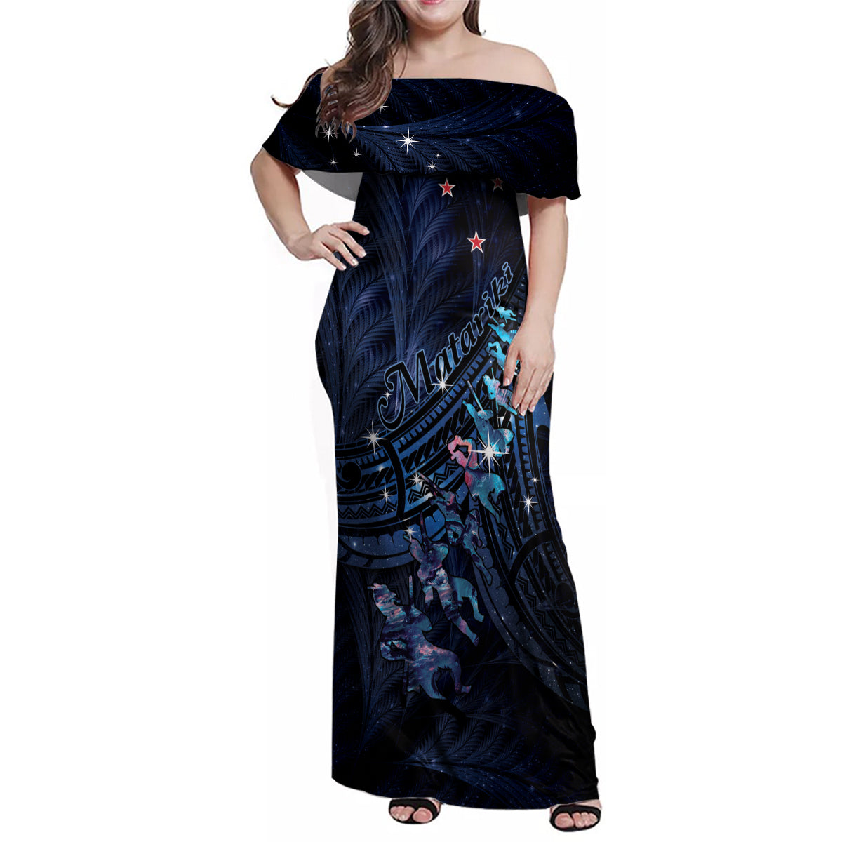Personalised Matariki Paua Shell New Zealand Family Matching Off Shoulder Maxi Dress and Hawaiian Shirt Haka Dance At The Starry Night LT01 Mom's Dress Black - Polynesian Pride