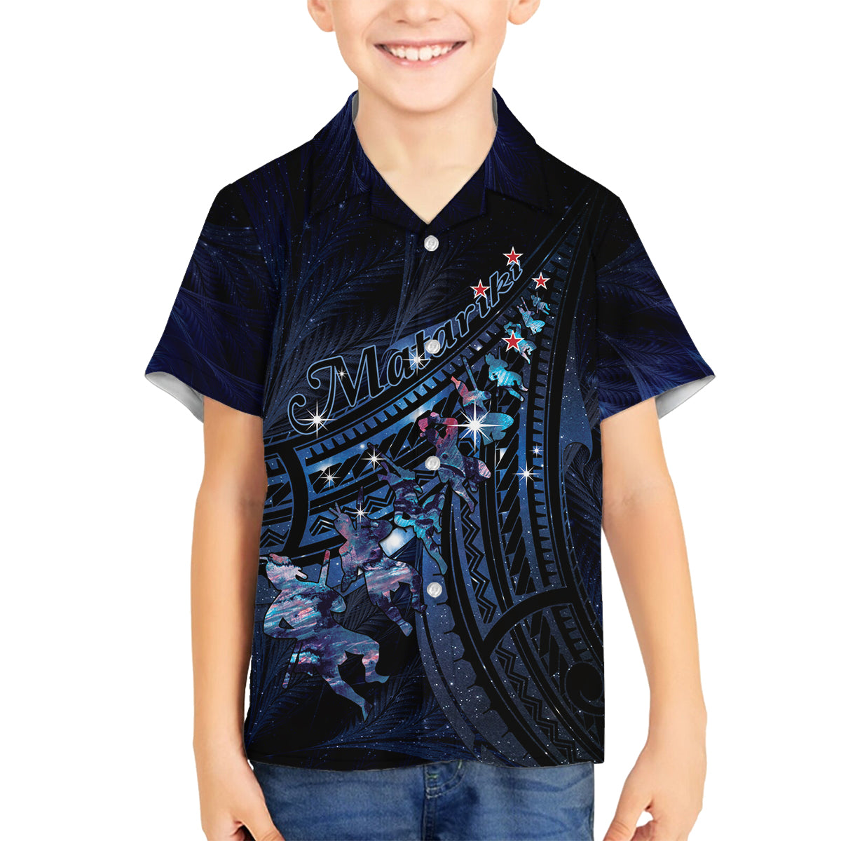 Personalised Matariki Paua Shell New Zealand Family Matching Off Shoulder Maxi Dress and Hawaiian Shirt Haka Dance At The Starry Night LT01 Son's Shirt Black - Polynesian Pride