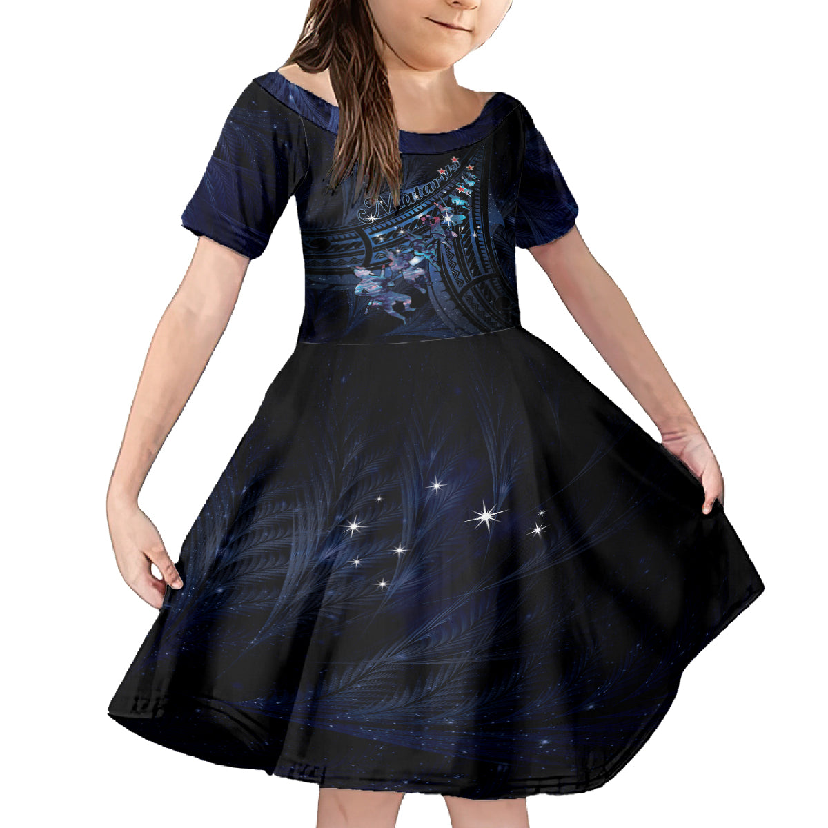 Personalised Matariki Paua Shell New Zealand Family Matching Off Shoulder Short Dress and Hawaiian Shirt Haka Dance At The Starry Night LT01 Daughter's Dress Black - Polynesian Pride