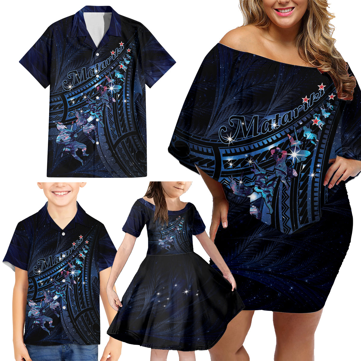 Personalised Matariki Paua Shell New Zealand Family Matching Off Shoulder Short Dress and Hawaiian Shirt Haka Dance At The Starry Night LT01 - Polynesian Pride