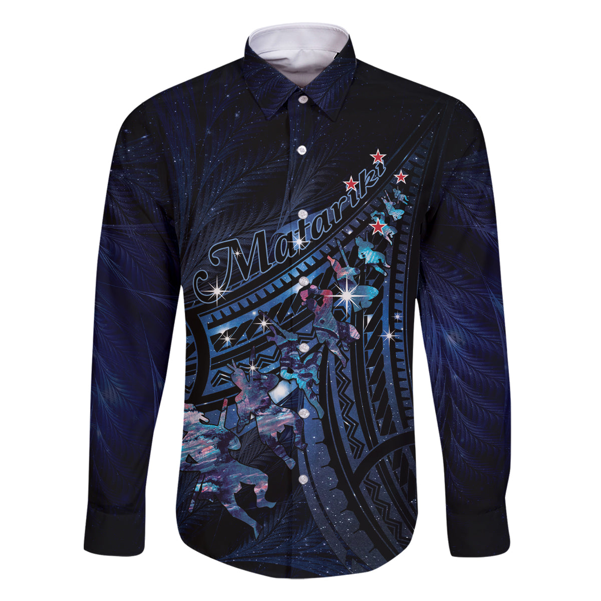 Personalised Matariki Paua Shell New Zealand Family Matching Off Shoulder Short Dress and Hawaiian Shirt Haka Dance At The Starry Night LT01 Dad's Shirt - Long Sleeve Black - Polynesian Pride