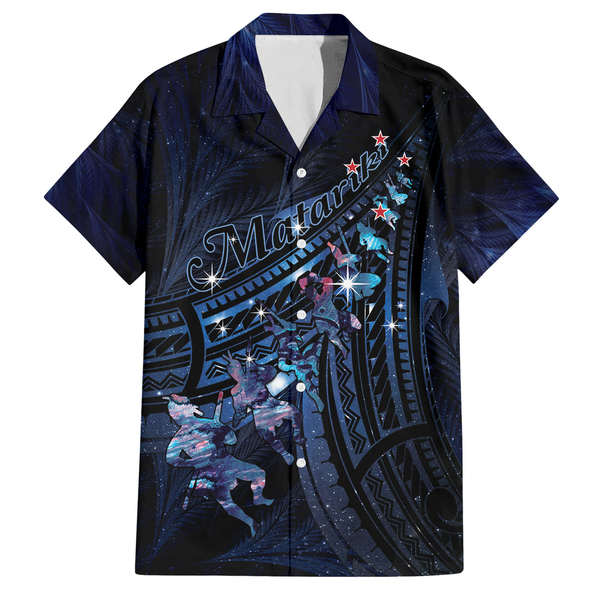 Personalised Matariki Paua Shell New Zealand Family Matching Puletasi and Hawaiian Shirt Haka Dance At The Starry Night LT01 Dad's Shirt - Short Sleeve Black - Polynesian Pride