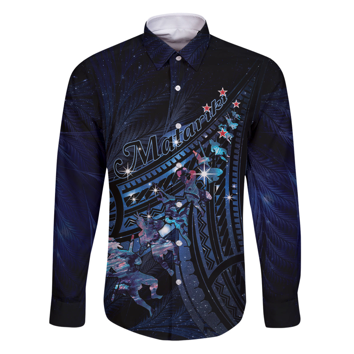Personalised Matariki Paua Shell New Zealand Family Matching Puletasi and Hawaiian Shirt Haka Dance At The Starry Night LT01 Dad's Shirt - Long Sleeve Black - Polynesian Pride