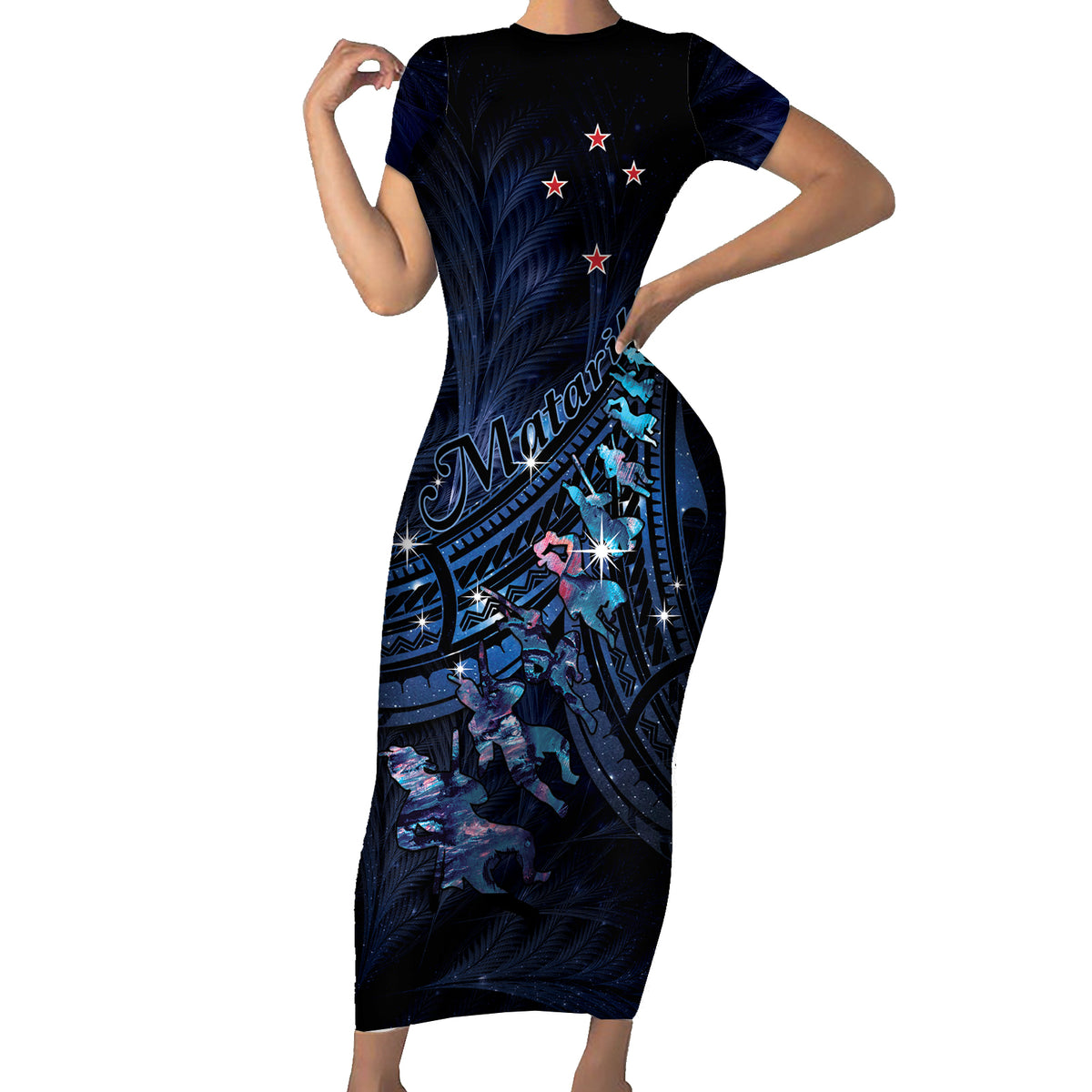 Personalised Matariki Paua Shell New Zealand Family Matching Short Sleeve Bodycon Dress and Hawaiian Shirt Haka Dance At The Starry Night LT01 Mom's Dress Black - Polynesian Pride