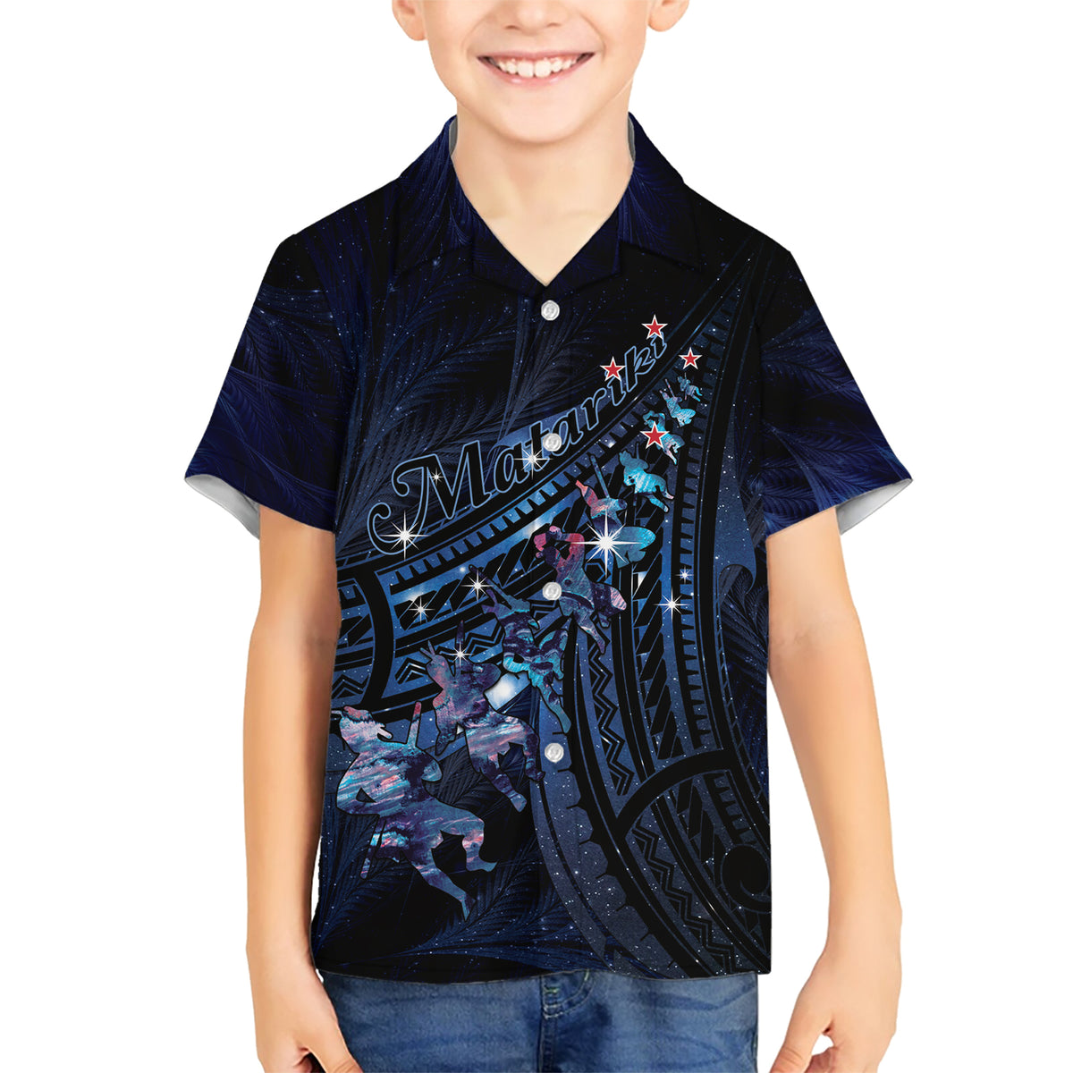 Personalised Matariki Paua Shell New Zealand Family Matching Short Sleeve Bodycon Dress and Hawaiian Shirt Haka Dance At The Starry Night LT01 Son's Shirt Black - Polynesian Pride