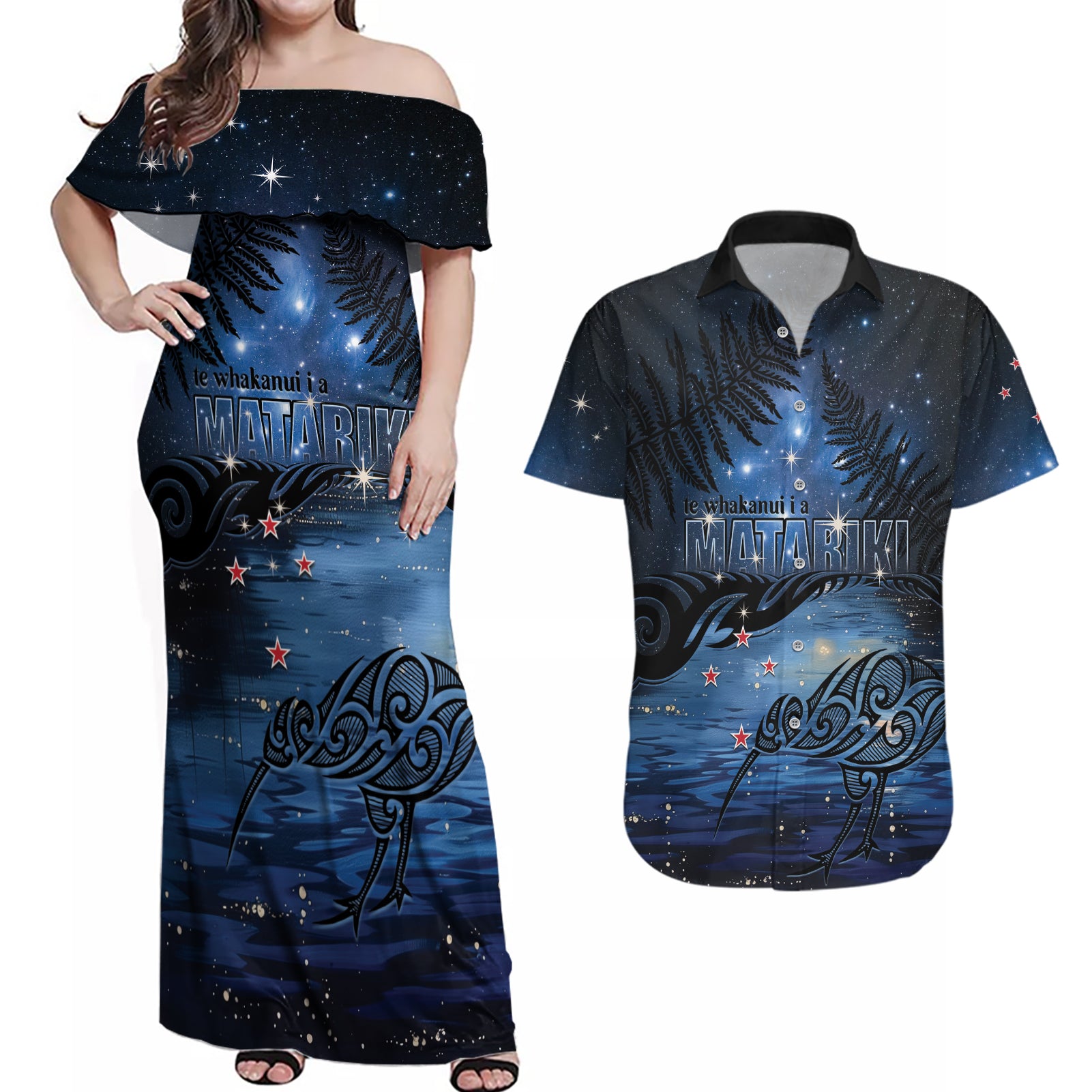 Personalised Matariki Kiwi Couples Matching Off Shoulder Maxi Dress and Hawaiian Shirt Silver Fern