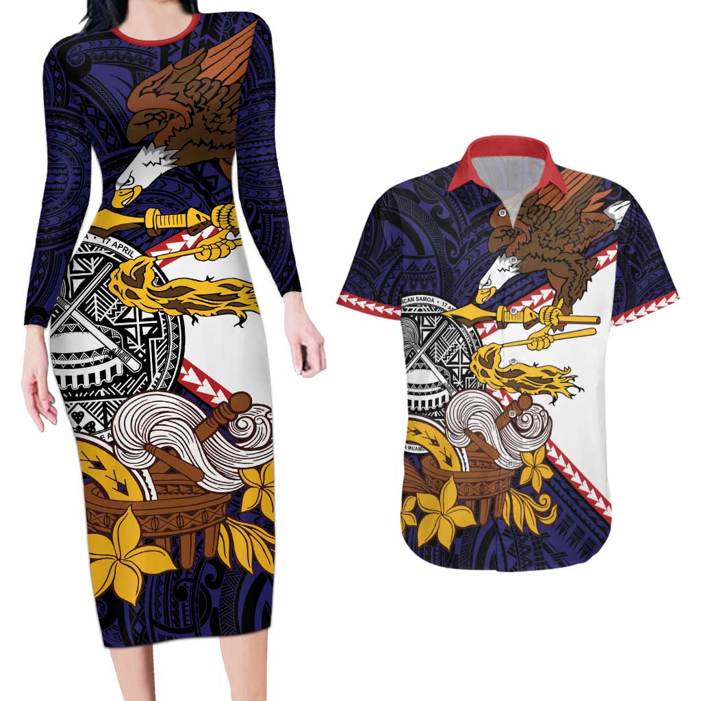 American Samoa Eagle Kava Bowl Couples Matching Long Sleeve Bodycon Dress and Hawaiian Shirt Plumeria Polynesian Pattern