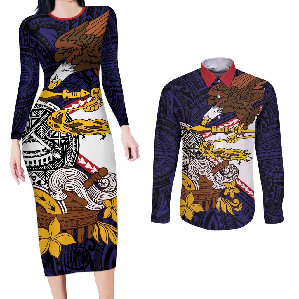 American Samoa Eagle Kava Bowl Couples Matching Long Sleeve Bodycon Dress and Long Sleeve Button Shirt Plumeria Polynesian Pattern