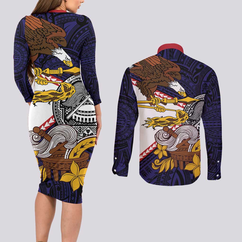 American Samoa Eagle Kava Bowl Couples Matching Long Sleeve Bodycon Dress and Long Sleeve Button Shirt Plumeria Polynesian Pattern