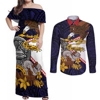 American Samoa Eagle Kava Bowl Couples Matching Off Shoulder Maxi Dress and Long Sleeve Button Shirt Plumeria Polynesian Pattern