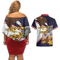 American Samoa Eagle Kava Bowl Couples Matching Off Shoulder Short Dress and Hawaiian Shirt Plumeria Polynesian Pattern