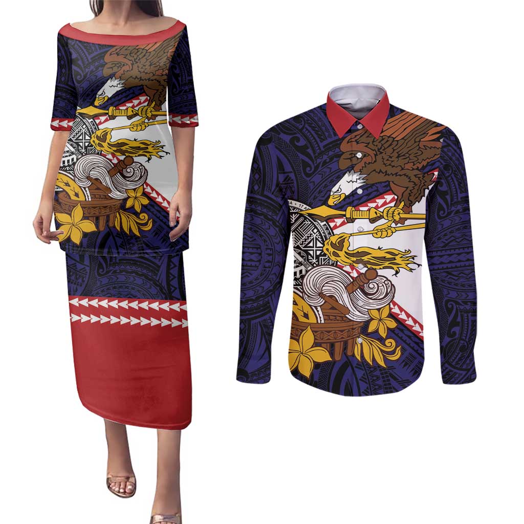 American Samoa Eagle Kava Bowl Couples Matching Puletasi and Long Sleeve Button Shirt Plumeria Polynesian Pattern
