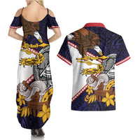 American Samoa Eagle Kava Bowl Couples Matching Summer Maxi Dress and Hawaiian Shirt Plumeria Polynesian Pattern