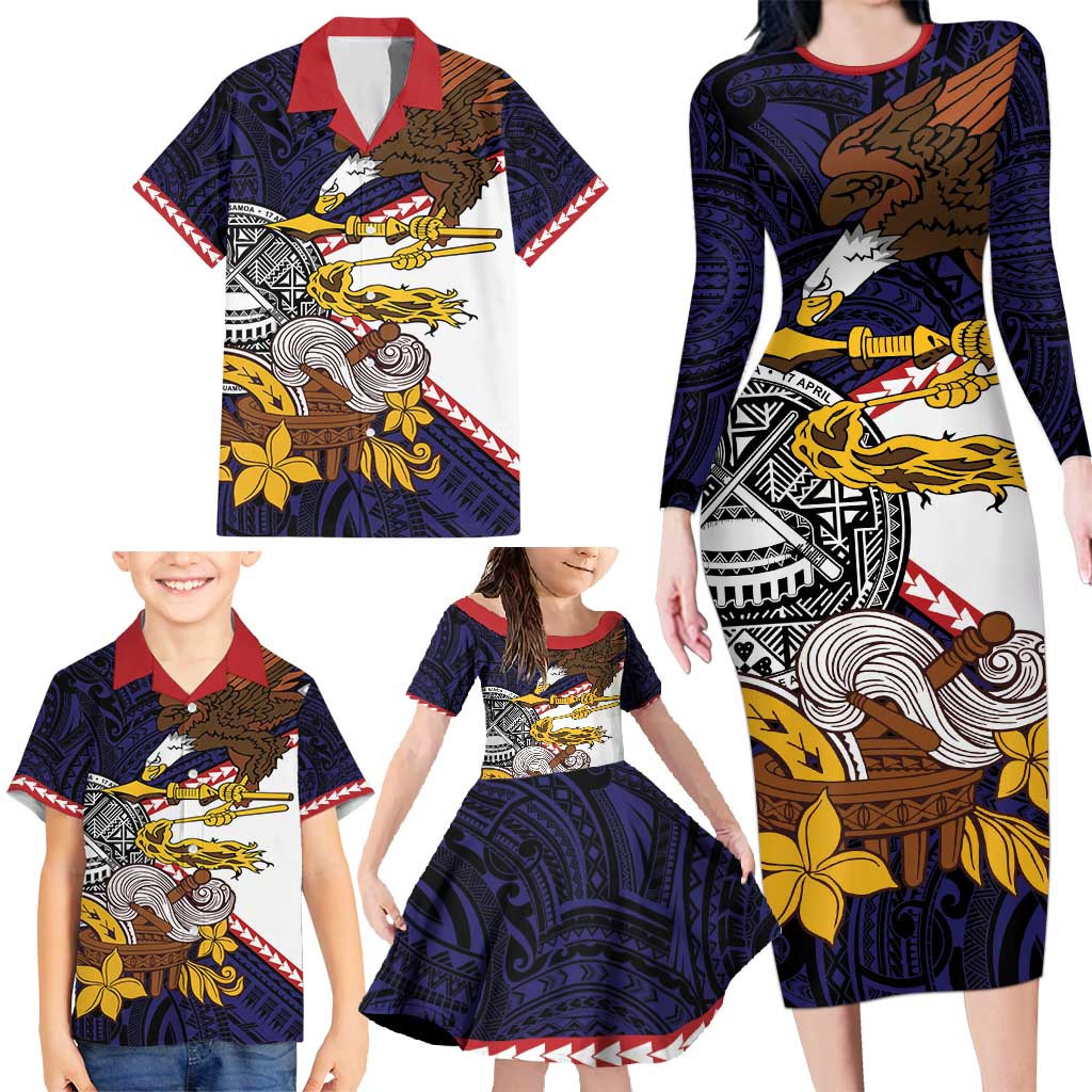 American Samoa Eagle Kava Bowl Family Matching Long Sleeve Bodycon Dress and Hawaiian Shirt Plumeria Polynesian Pattern