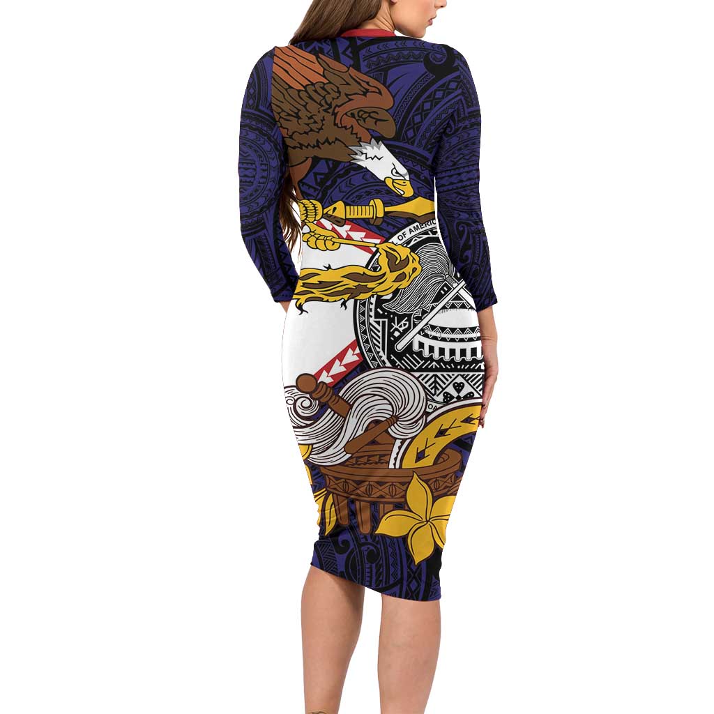 American Samoa Eagle Kava Bowl Family Matching Long Sleeve Bodycon Dress and Hawaiian Shirt Plumeria Polynesian Pattern