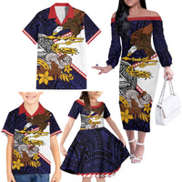 American Samoa Eagle Kava Bowl Family Matching Off The Shoulder Long Sleeve Dress and Hawaiian Shirt Plumeria Polynesian Pattern