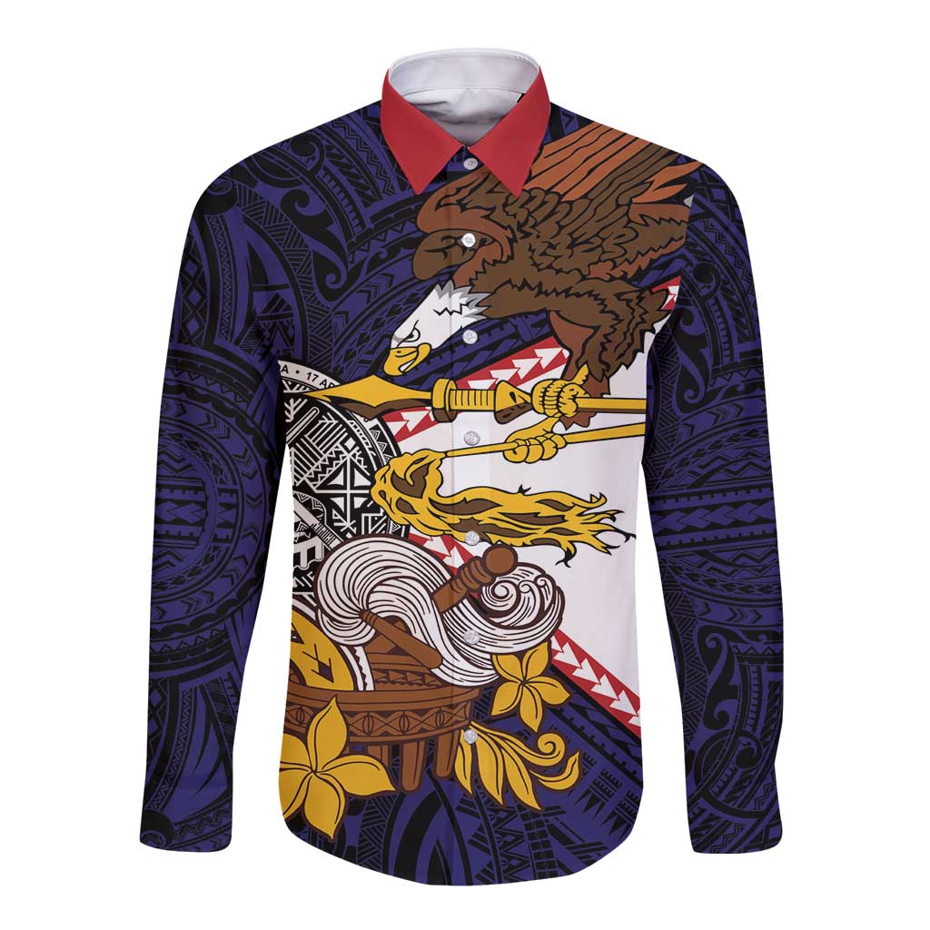 American Samoa Eagle Kava Bowl Long Sleeve Button Shirt Plumeria Polynesian Pattern