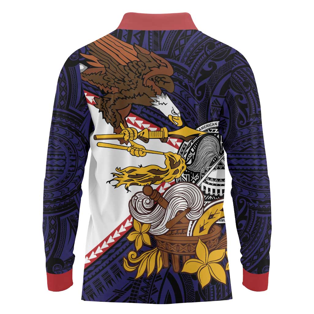 American Samoa Eagle Kava Bowl Long Sleeve Polo Shirt Plumeria Polynesian Pattern