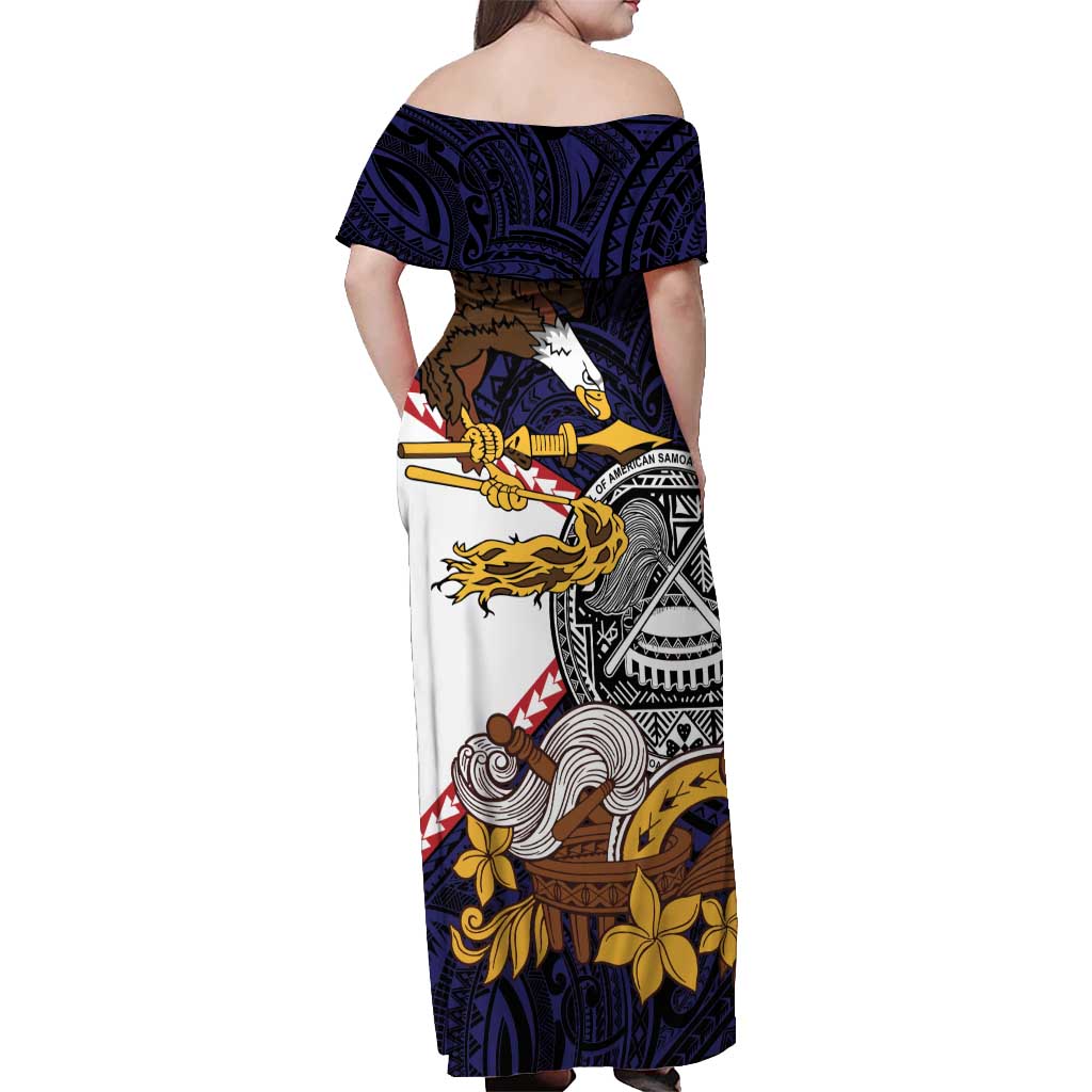 American Samoa Eagle Kava Bowl Off Shoulder Maxi Dress Plumeria Polynesian Pattern