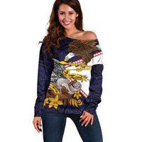 American Samoa Eagle Kava Bowl Off Shoulder Sweater Plumeria Polynesian Pattern