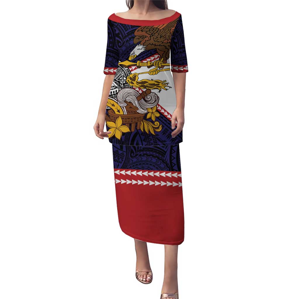 American Samoa Eagle Kava Bowl Puletasi Plumeria Polynesian Pattern LT01 Long Dress Black - Polynesian Pride