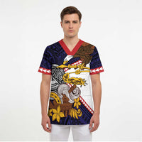 American Samoa Eagle Kava Bowl Scrub Top Plumeria Polynesian Pattern - Polynesian Pride