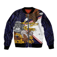 American Samoa Eagle Kava Bowl Sleeve Zip Bomber Jacket Plumeria Polynesian Pattern