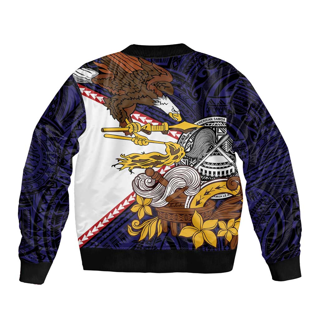 American Samoa Eagle Kava Bowl Sleeve Zip Bomber Jacket Plumeria Polynesian Pattern