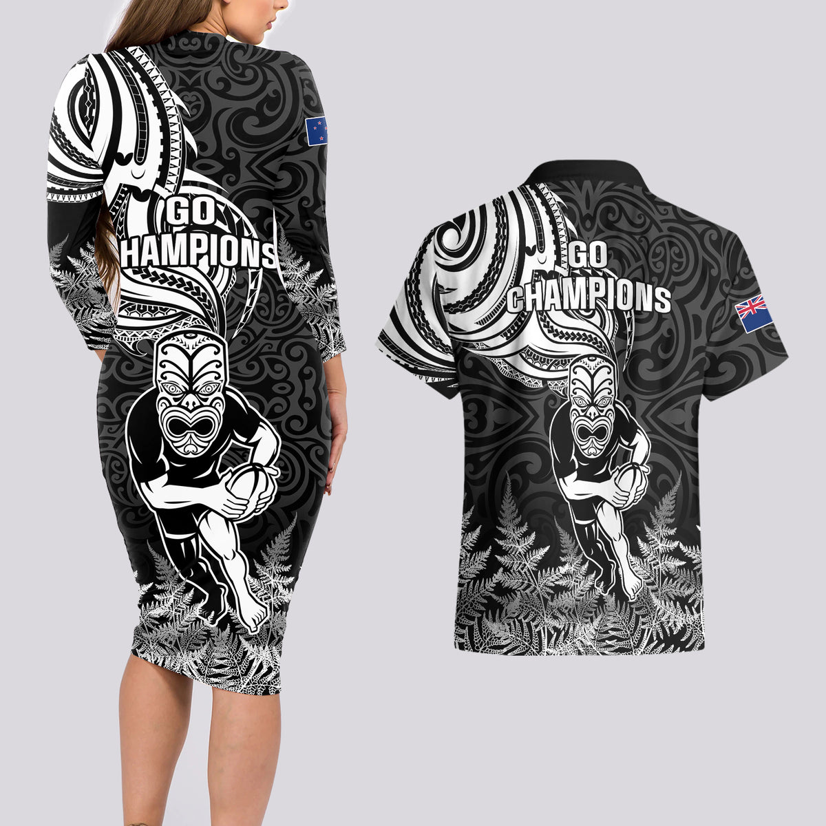 New Zealand Silver Fern Rugby Couples Matching Long Sleeve Bodycon Dress and Hawaiian Shirt Maori Tiki Player With Ta Moko Tribal LT01 - Polynesian Pride