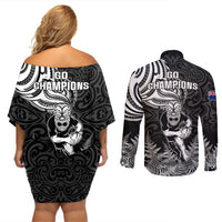 New Zealand Silver Fern Rugby Couples Matching Off Shoulder Short Dress and Long Sleeve Button Shirts Maori Tiki Player With Ta Moko Tribal LT01 - Polynesian Pride