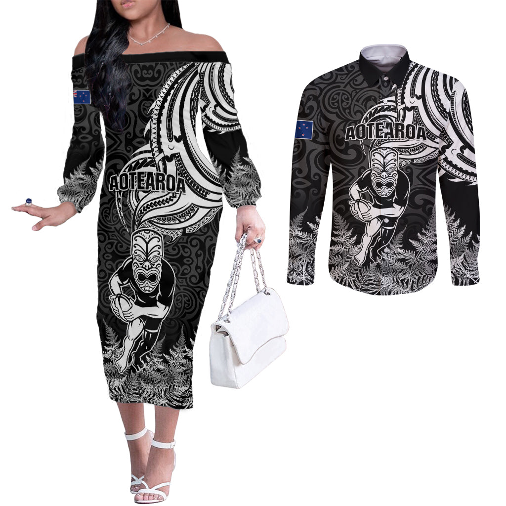 New Zealand Silver Fern Rugby Couples Matching Off The Shoulder Long Sleeve Dress and Long Sleeve Button Shirts Maori Tiki Player With Ta Moko Tribal LT01 Black - Polynesian Pride