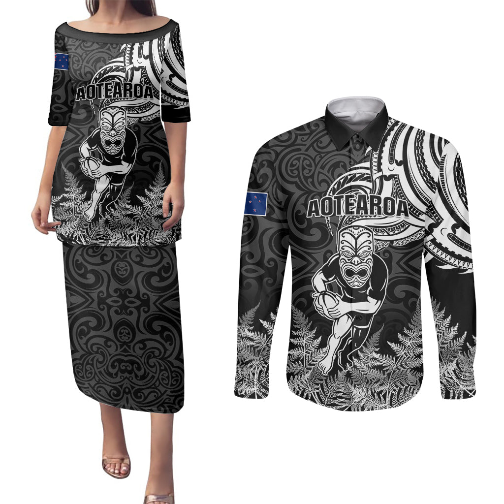 New Zealand Silver Fern Rugby Couples Matching Puletasi Dress and Long Sleeve Button Shirts Maori Tiki Player With Ta Moko Tribal LT01 Black - Polynesian Pride