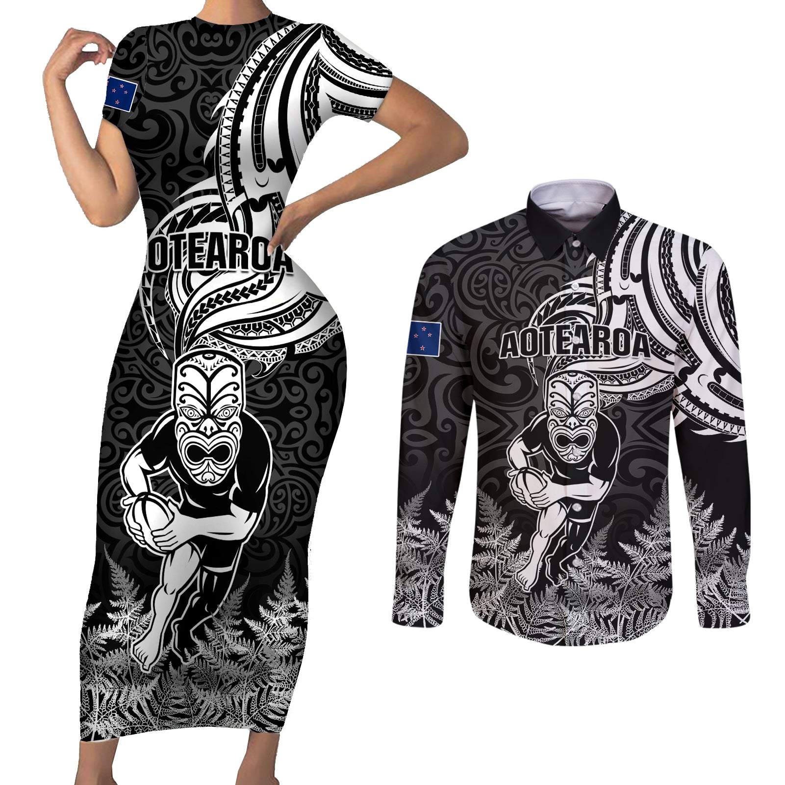 New Zealand Silver Fern Rugby Couples Matching Short Sleeve Bodycon Dress and Long Sleeve Button Shirts Maori Tiki Player With Ta Moko Tribal LT01 Black - Polynesian Pride